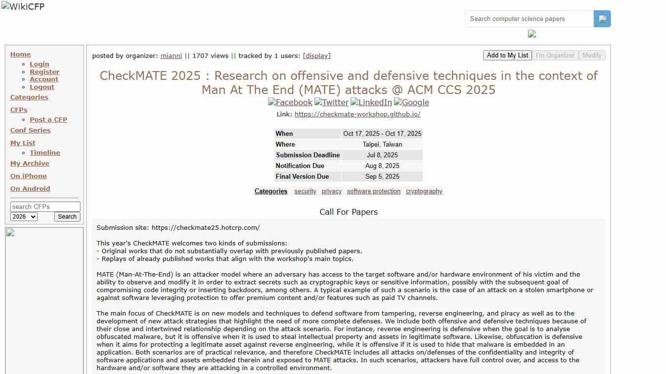 CheckMATE 2025 : Research on offensive and defensive techniques in the context of Man At The End (MATE) attacks @ ACM CCS 2025