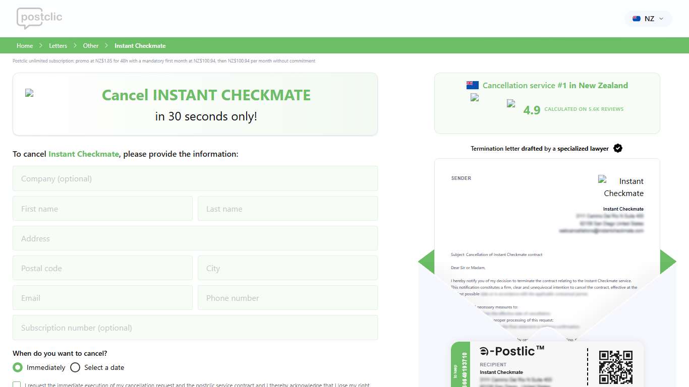 Instant Checkmate Cancel Postclic